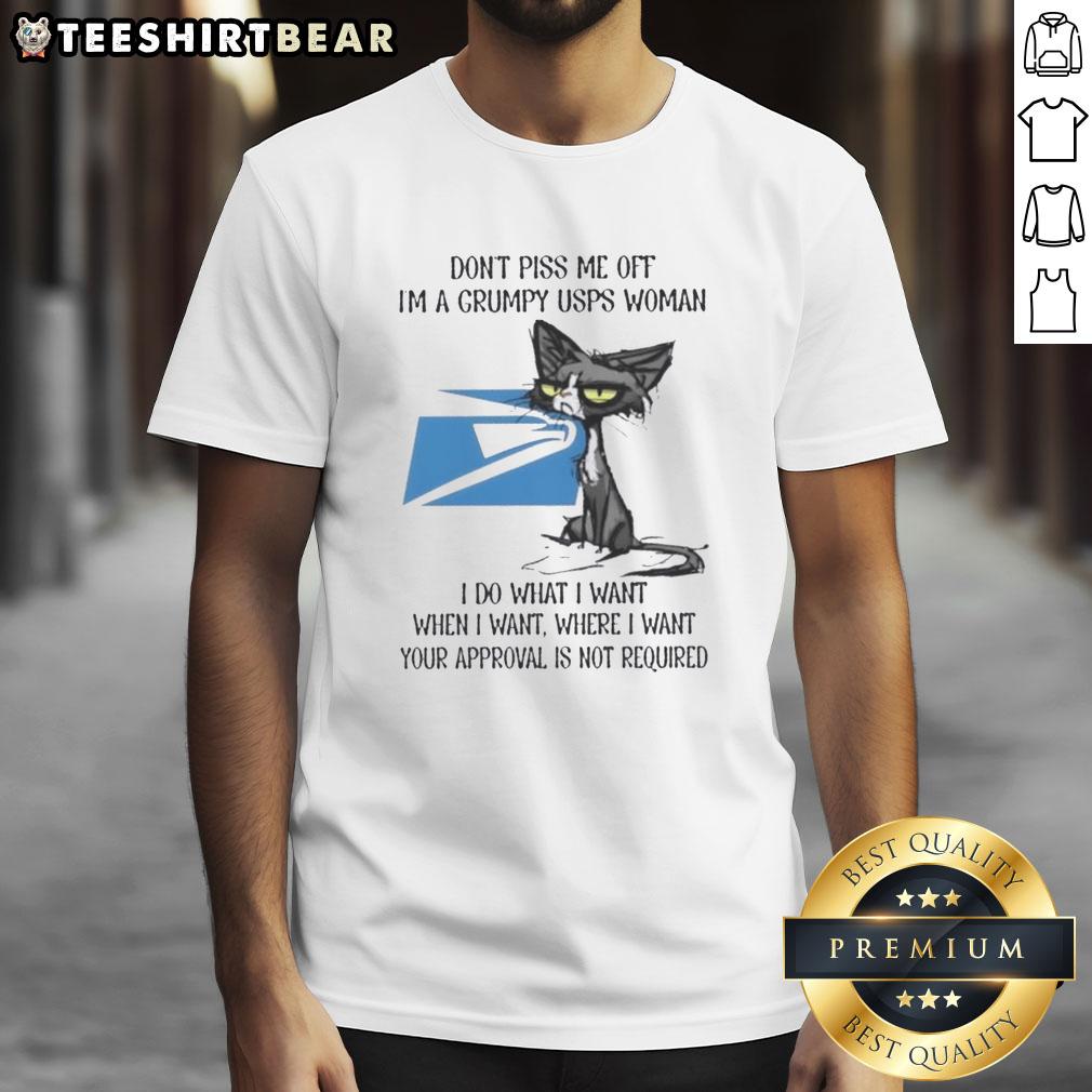 funny-tired-cat-dont-piss-me-off-im-a-grumpy-usps-woman-i-do-what-i-want-t-shirt-1 Alt Text: Grumpy cat graphic on a t-shirt with text Don't Piss Me Off I'm a Grumpy USPS Woman for cat lovers and humor.