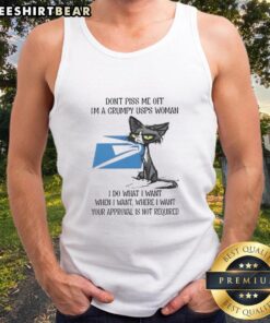 Funny tired cat wearing a tank top with Grumpy USPS Woman text, showcasing a sassy attitude and humor.