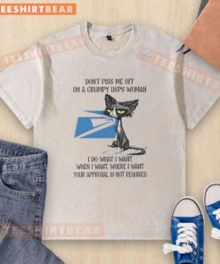 Alt Text: Grumpy cat wearing a Don't Piss Me Off USPS shirt, showcasing a funny and tired expression. Perfect for cat lovers!