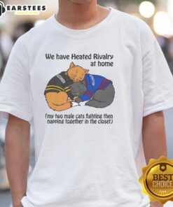 Funny t-shirt design featuring two male cats playfully fighting and then napping together in a closet.