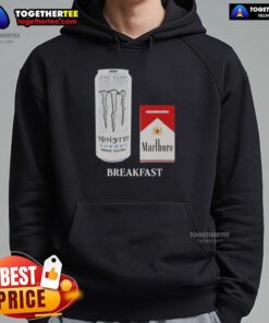 Funny white monster wearing a Marlboro Red hoodie, enjoying a cigarette during breakfast. Perfect for quirky fashion lovers!