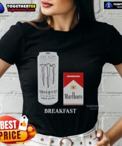 Funny white monster enjoying a Marlboro Red cigarette at breakfast, featured on a ladies' tee shirt.