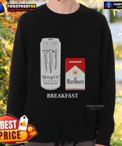 Funny white monster wearing a Marlboro Red cigarette breakfast sweatshirt, showcasing a quirky and playful style.