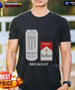 Funny white monster graphic on Marlboro Red cigarette breakfast T-shirt, perfect for casual wear and smoking humor lovers.