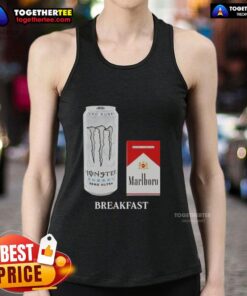 Funny white monster wearing Marlboro Red cigarette tank top for breakfast, showcasing quirky style and humor.