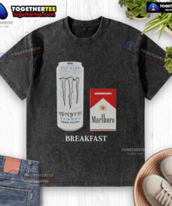 Funny white monster on a Marlboro Red cigarette breakfast washed t-shirt, showcasing a quirky and playful design.