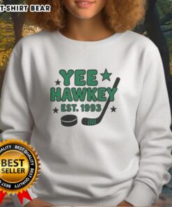 Alt Text: Funny Yee Hawkey Hockey Est 1993 Sweatshirt featuring playful design perfect for hockey fans and casual wear.