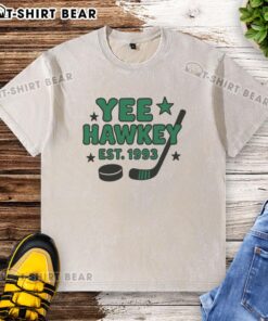 Funny Yee Hawkey Hockey Est 1993 washed t-shirt featuring a playful design for hockey enthusiasts and casual wear.