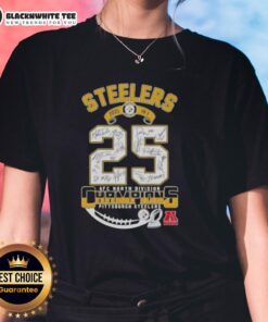 Alt Text: Pittsburgh Steelers AFC North Division Champions 2025 Ladies Tee featuring all signatures, perfect for fans.