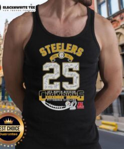 Alt Text: Pittsburgh Steelers AFC North Division Champions tank top featuring all signatures, celebrating 2025 victory.
