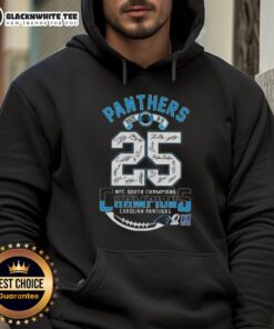 Carolina Panthers NFC South Division Champions 2025 hoodie featuring all signatures, perfect for fans and collectors.