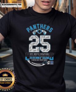 Alt Text: Good 2025 NFC South Division Champions Carolina Panthers T-Shirt featuring player signatures and team logo.