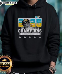 Jacksonville Jaguars hoodie celebrating the 2025 AFC South Division Champions, showcasing team colors and logo.