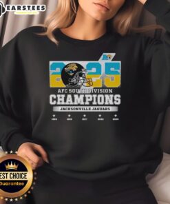 Jacksonville Jaguars sweatshirt celebrating the 2025 AFC South Division Champions with team logo and vibrant colors.