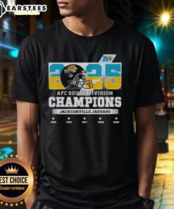 2025 AFC South Division Champions Jacksonville Jaguars T-Shirt featuring team colors and logo for fans.