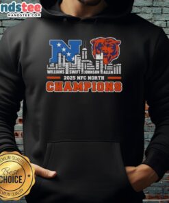 Alt Text: Chicago Bears NFC North Champions 2025 hoodie featuring city skyline and player names design.