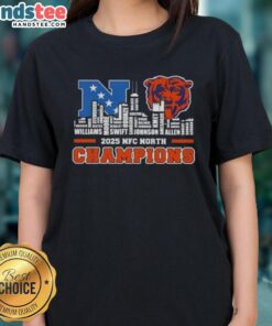 Chicago Bears 2025 NFC North Champions ladies tee featuring city skyline and player names, perfect for fans.