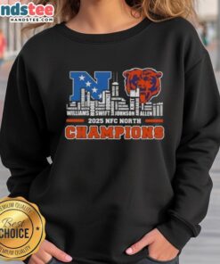 Chicago Bears 2025 NFC North Champions sweatshirt featuring city skyline and player names, perfect for fans.