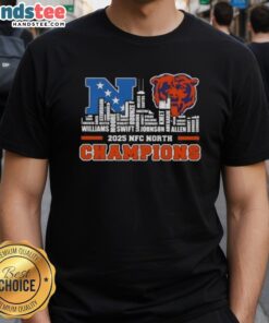 Chicago Bears 2025 NFC North Champions T-Shirt featuring all players' names and a city skyline design.