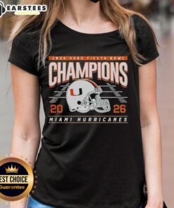 Alt Text: Miami Hurricanes helmet graphic on classic ladies tee celebrating 2026 Fiesta Bowl Champions.