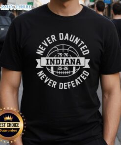 Alt Text: 2025 National Champions Indiana Hoosiers T-Shirt celebrating 50 years of resilience with 'Never Daunted Never Defeated' slogan.