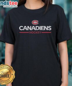 Alt Text: Good Alexandre Carrier wearing Montreal Canadiens hockey ladies tee, showcasing team pride and style in vibrant colors.