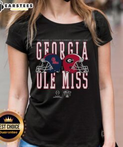 Good Allstate Sugar Bowl 2026 Ole Miss vs Georgia helmet matchup on a ladies tee, featuring team logos and vibrant colors.