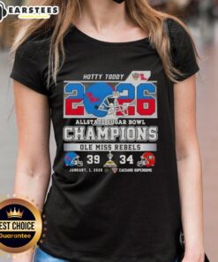 Alt Text: Ole Miss Rebels football helmet on a ladies' tee at the Good Allstate Sugar Bowl in Caesars Superdome.