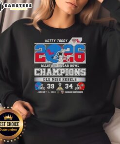 Good Allstate Sugar Bowl Ole Miss Rebels Hotty Toddy sweatshirt featuring a football helmet at Caesars Superdome.