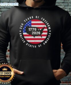 Good American Freedom 250th Anniversary hoodie featuring a US map design, celebrating 1776-2026 milestones.