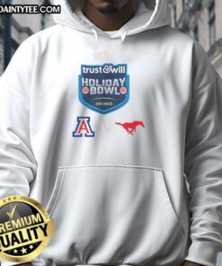 2026 Trust and Will Holiday Bowl hoodie featuring Arizona Wildcats vs SMU Mustangs logo and festive design.