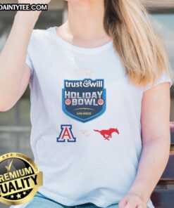 2026 Holiday Bowl ladies tee featuring Arizona Wildcats vs SMU Mustangs design for fans and supporters.