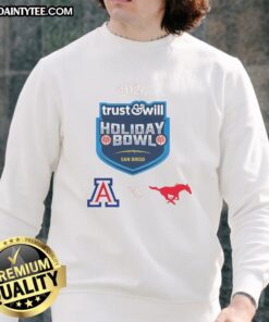 Good Arizona Wildcats vs SMU Mustangs 2026 Trust and Will Holiday Bowl sweatshirt featuring team logos and festive design.