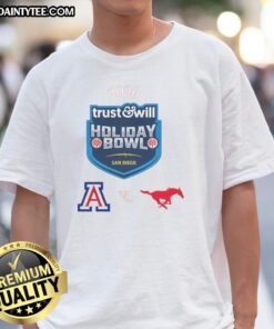 Good Arizona Wildcats vs SMU Mustangs 2026 Trust and Will Holiday Bowl T-Shirt featuring vibrant team logos and colors.