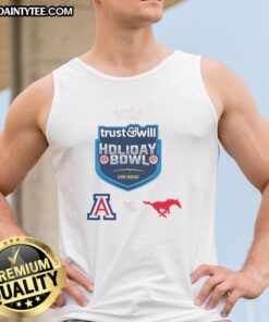Arizona Wildcats vs SMU Mustangs 2026 Trust and Will Holiday Bowl tank top featuring team logos and festive design.