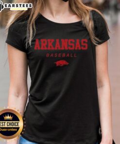 Arkansas Razorback baseball wordmark and logo on a stylish ladies tee, perfect for fans and casual wear.