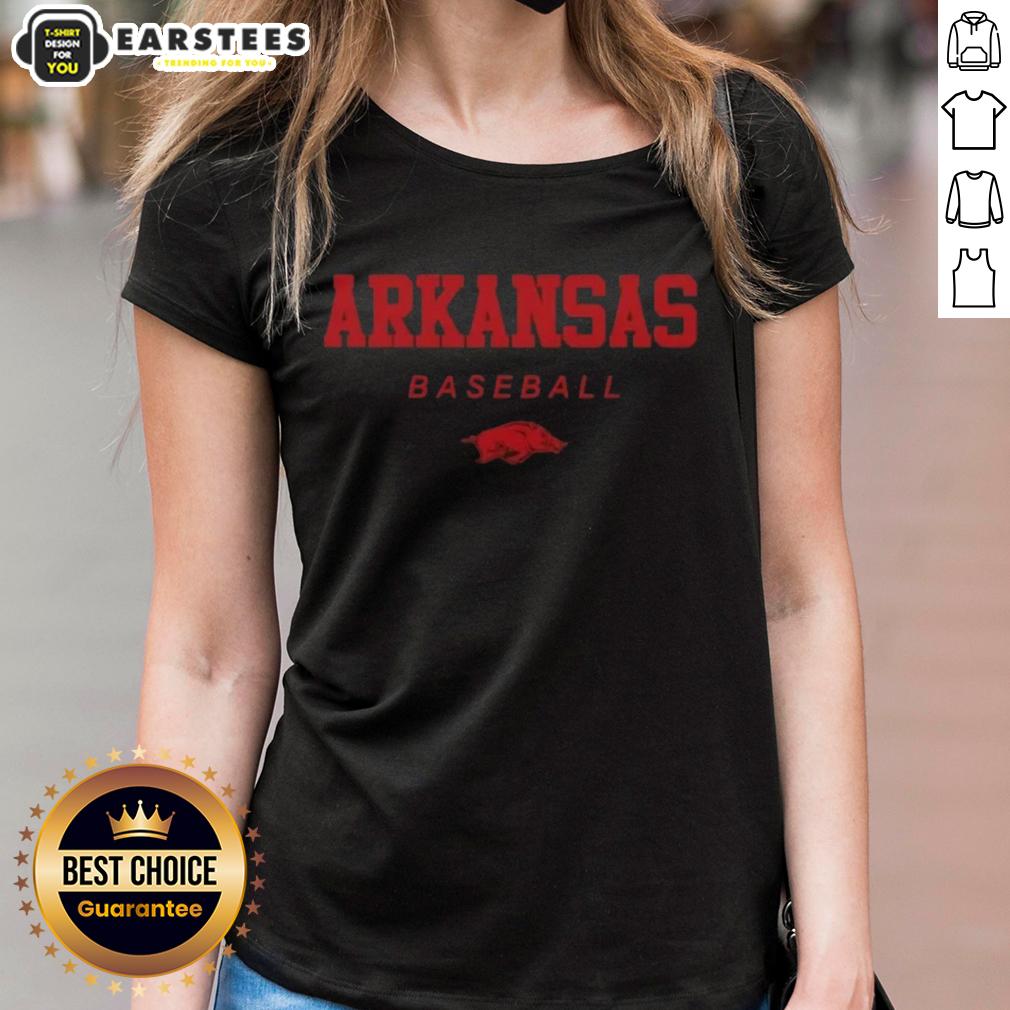 good-arkansas-razorback-baseball-wordmark-and-logo-ladies-tee Arkansas Razorback baseball wordmark and logo on a stylish ladies tee, perfect for fans and casual wear.