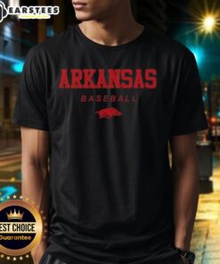 Good Arkansas Razorback Baseball Wordmark and Logo T-Shirt featuring bold team colors and iconic Razorback design.