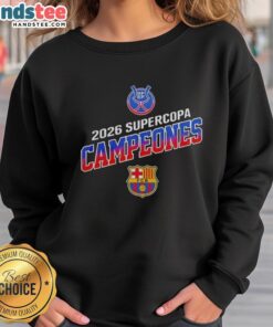 Barcelona FC Supercopa Campeones 2026 sweatshirt featuring team logo and celebratory design for fans.