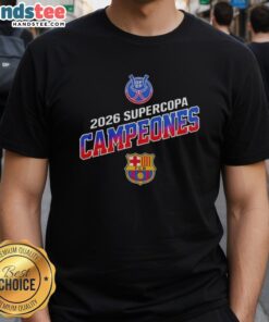 Good Barcelona FC Winners Supercopa Campeones 2026 RFEF T-Shirt featuring vibrant team colors and celebratory design.