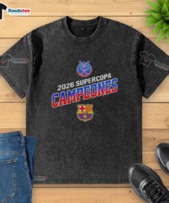 Alt Text: Barcelona FC Supercopa Campeones 2026 washed t-shirt celebrating their victory in the tournament.