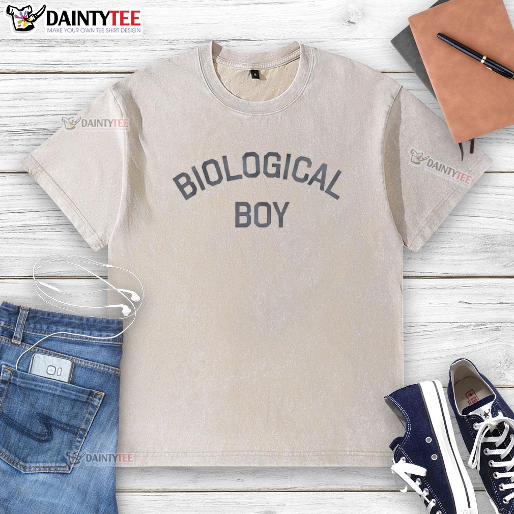 good-biological-boy-washed-t-shirt Good Biological Boy washed t-shirt displayed on a hanger, showcasing its soft fabric and eco-friendly design.