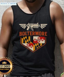Good Boltermore Warhammer X Maryland Flag logo tank top featuring a vibrant design for fans of Warhammer apparel.