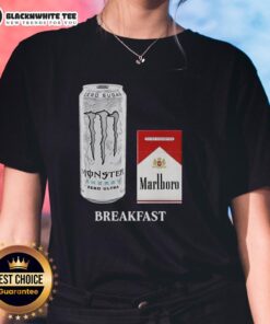 Good breakfast featuring a white monster drink and Marlboro Red cigarette on a stylish ladies tee.