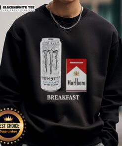 Cozy sweatshirt featuring a white monster logo and Marlboro Red cigarette design, perfect for casual breakfast style.