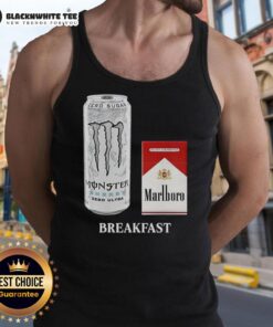 Good breakfast featuring a White Monster drink and Marlboro Red cigarette, styled with a trendy tank top.