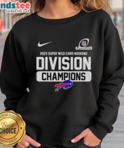 Buffalo Bills 2025 Super Wild Card Weekend Division Champions sweatshirt featuring team logo and vibrant colors.