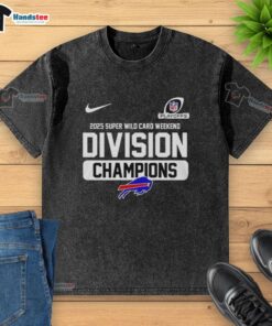 Good Buffalo Bills 2025 Super Wild Card Weekend Division Champions washed t-shirt showcasing team pride and victory.