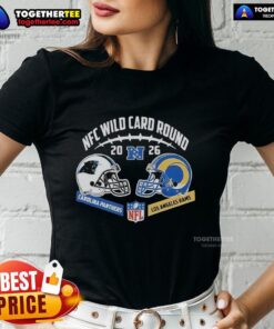 Carolina Panthers vs Los Angeles Rams helmet matchup on a ladies tee for NFC Wild Card Round, showcasing team spirit.