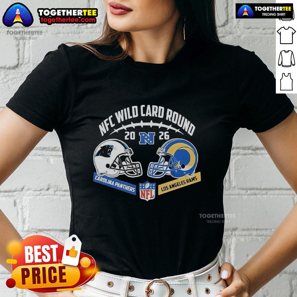 Good Carolina Panthers Vs Los Angeles Rams Nfc Wild Card Round Helmet Matchup Ladies-Tee Carolina Panthers vs Los Angeles Rams helmet matchup on a ladies tee for NFC Wild Card Round, showcasing team spirit.